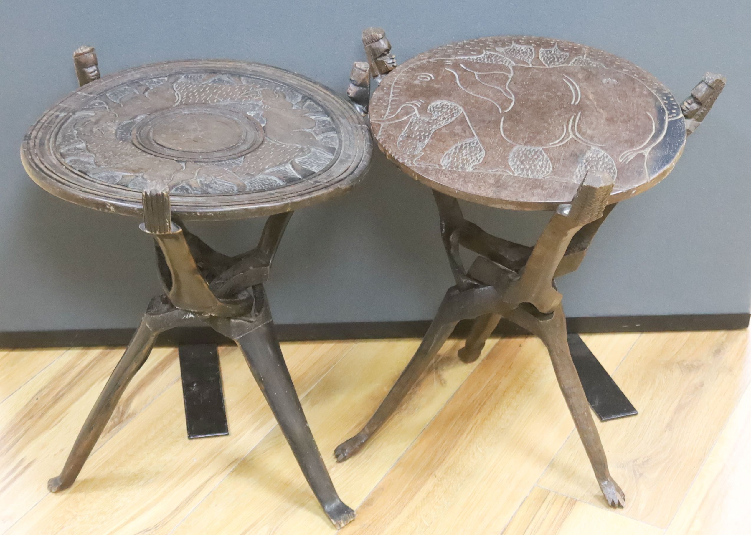 Pair African hardwood tables, 46cm high